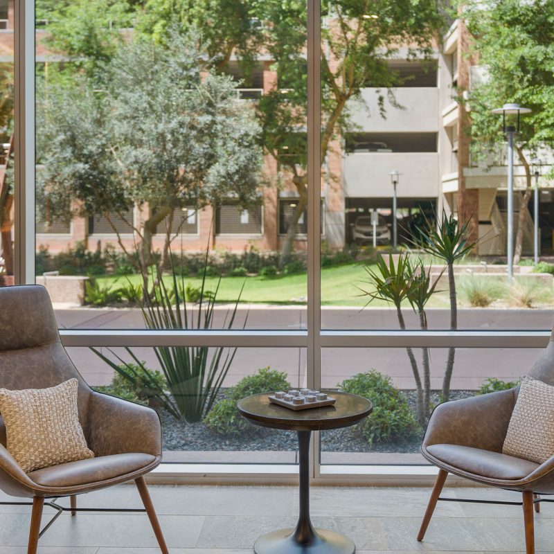 Waiting area with outdoor courtyard view in Tempe, Arizona counseling office